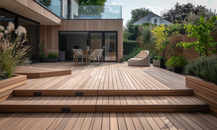 Beautifully renovated backyard deck with wooden flooring, modern outdoor furniture, and lush garden landscaping, exemplifying Bayside Builders Group's expertise in transformative Bay Area home improvement projects.