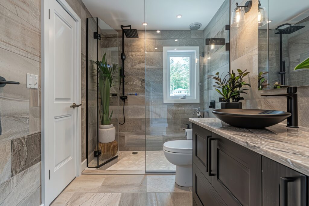 Modern bathroom renovation by Bayside Builders Group in the Bay Area, featuring elegant tile work, a spacious glass shower, and contemporary fixtures enhancing home comfort.