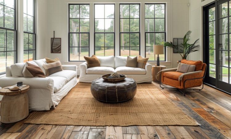 A beautifully renovated living room with large windows overlooking greenery, showcasing Bayside Builders Group's expertise in home remodeling and elegant design in the Bay Area.