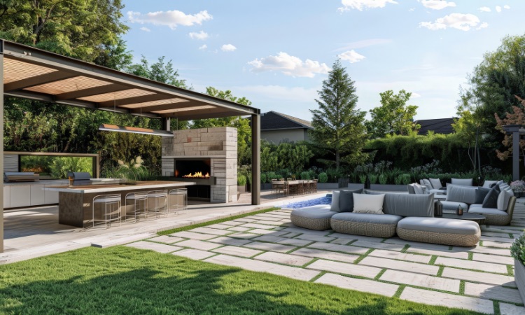 Beautiful outdoor patio featuring a modern pergola, built-in kitchen, and a cozy seating area, representing Bayside Builders Group's expertise in enhancing Bay Area homes with stylish and functional spaces.