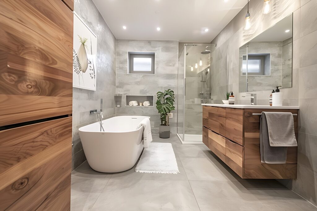 Bright and modern bathroom showcasing a freestanding bathtub and sleek vanity, perfect for a Bay Area home remodeling project by Bayside Builders Group.