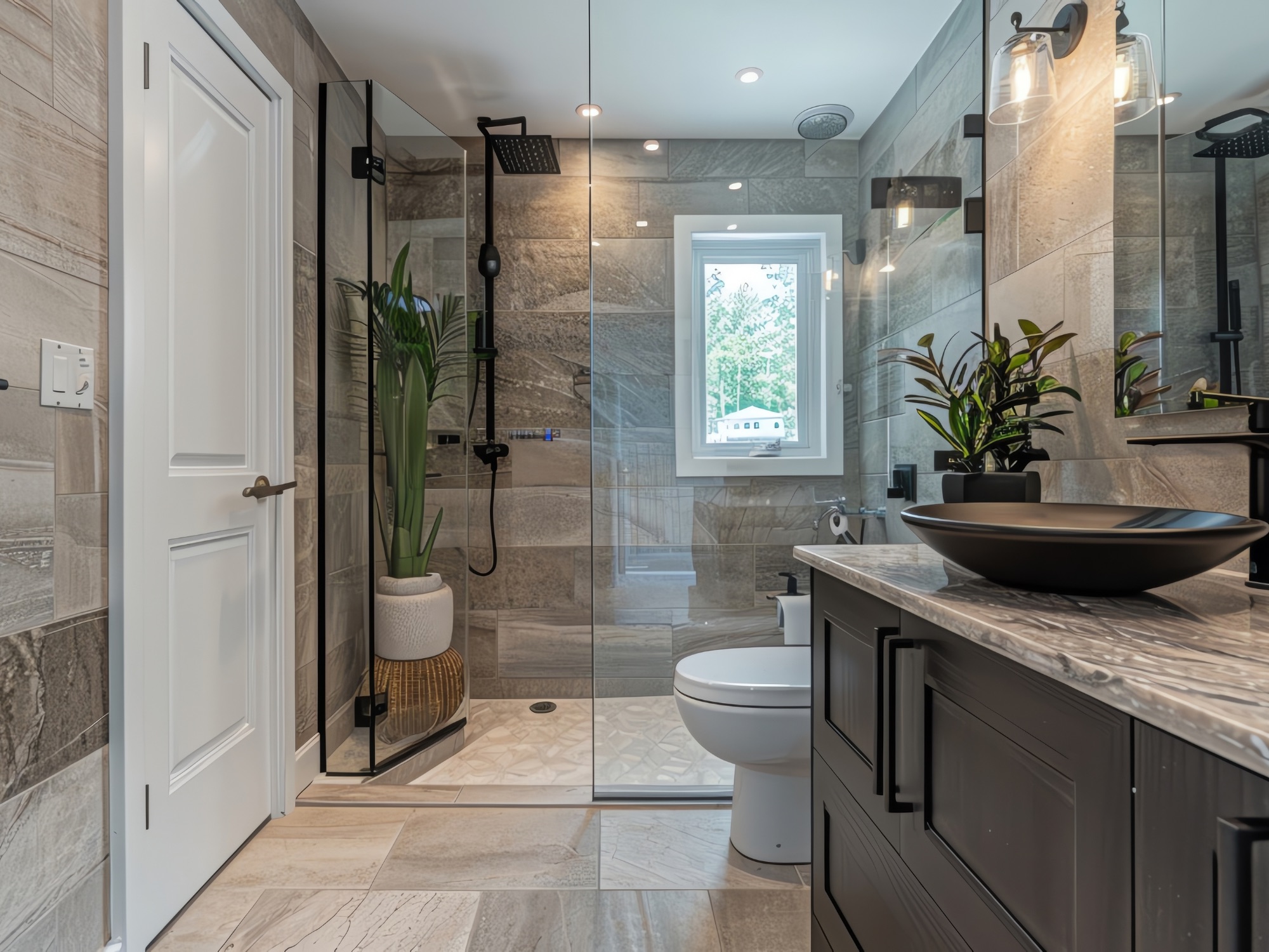 Modern bathroom renovation with elegant tile work, a glass-enclosed shower, and stylish fixtures, exemplifying Bayside Builders Group's expertise in Bay Area home improvements.