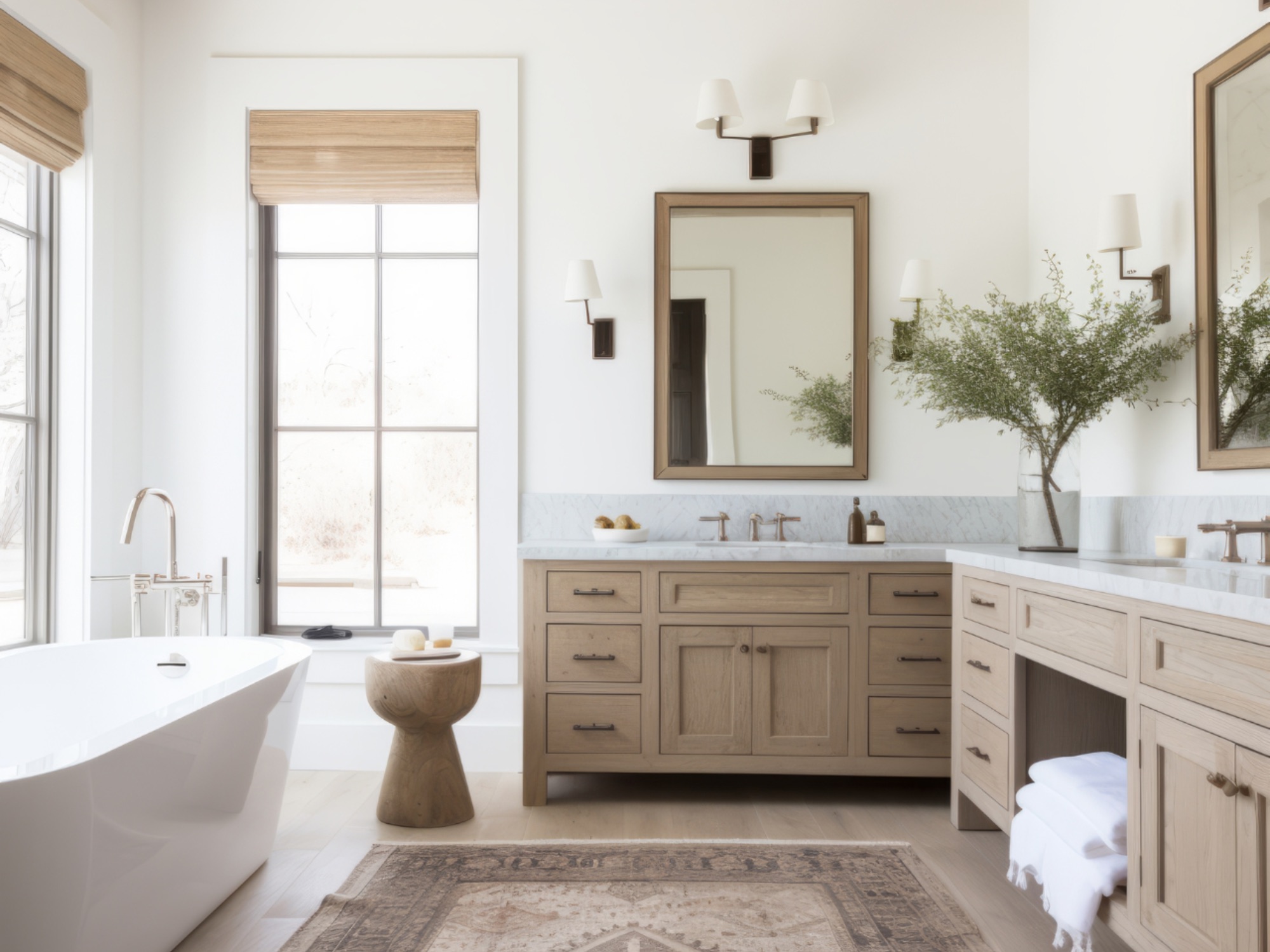 A beautifully designed bathroom featuring a large freestanding bathtub, wooden cabinetry, and elegant fixtures, exemplifying the high-quality bathroom renovations by Bayside Builders Group in the Bay Area.