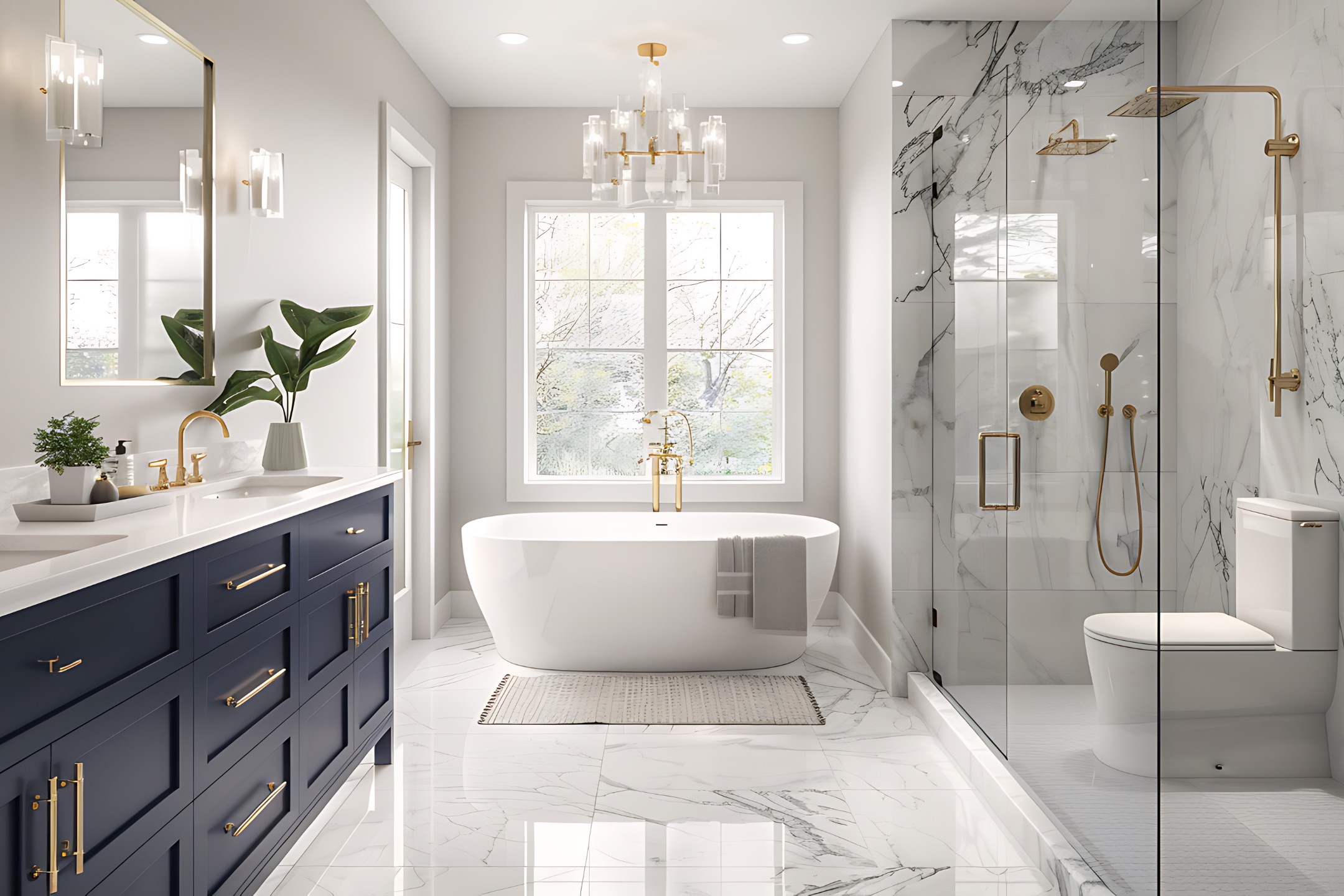 Luxurious modern bathroom featuring a free-standing bathtub, navy blue vanity with gold fixtures, and a glass-enclosed shower, exemplifying Bayside Builders Group’s expertise in Bay Area home renovation and bathroom remodeling.
