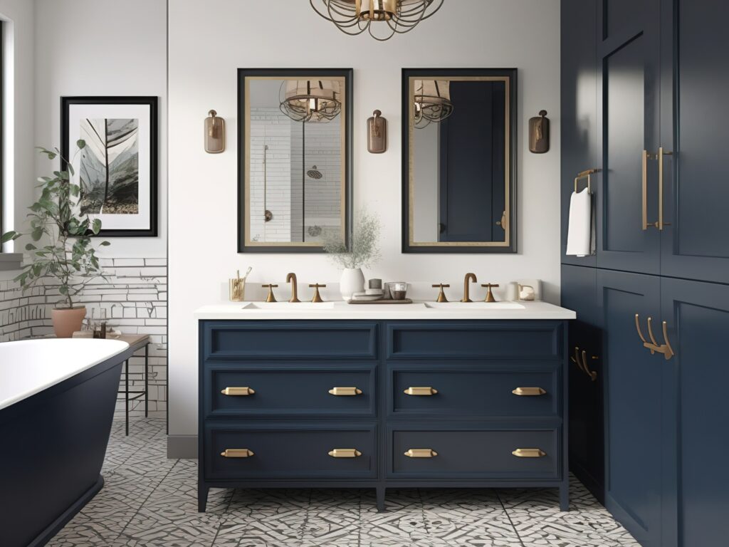 A beautifully remodeled bathroom featuring navy cabinetry with gold hardware, dual mirrors above a white countertop, and minimalist decor, showcasing Bayside Builders Group's expertise in elegant Bay Area home renovations.
