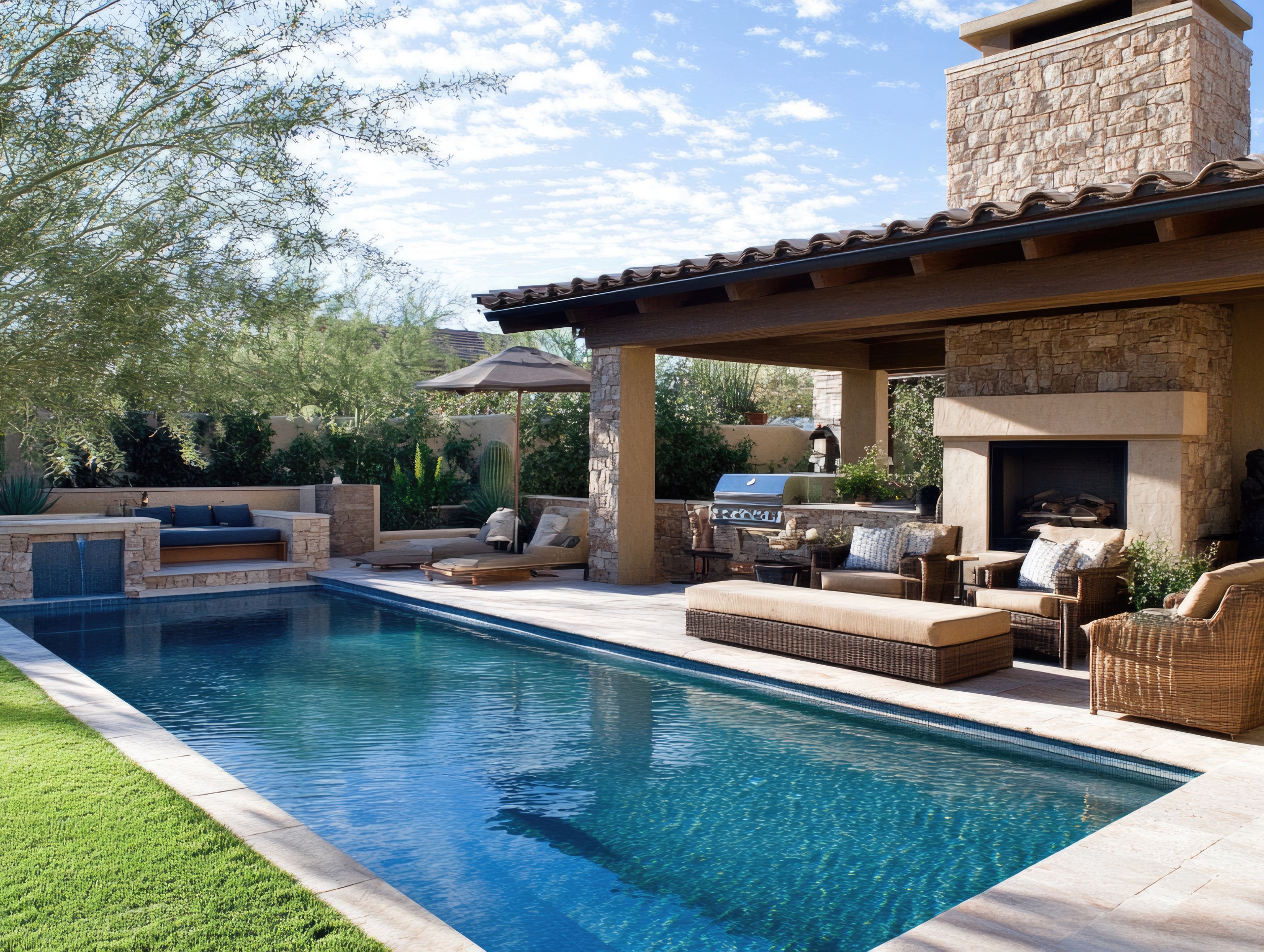 Luxurious outdoor patio and pool with stone detailing, showcasing a relaxing seating arrangement ideal for Bay Area home improvements and outdoor remodeling projects.