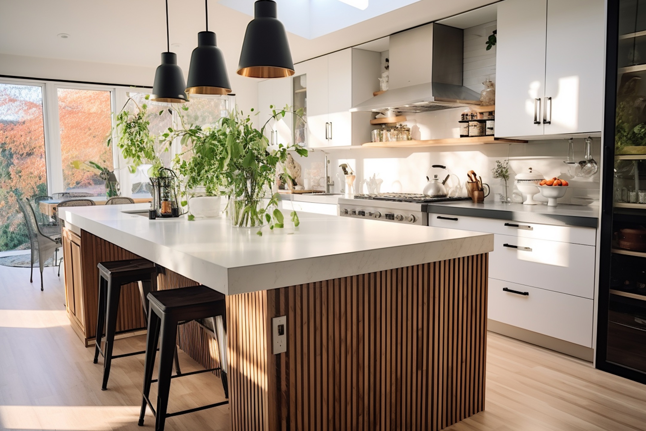 Modern kitchen interior featuring a large island with wood paneling, sleek black pendant lights, and abundant natural light, exemplifying Bayside Builders Group's expertise in Bay Area kitchen remodeling. Elegant design and functional space reflect high-quality home improvement standards.