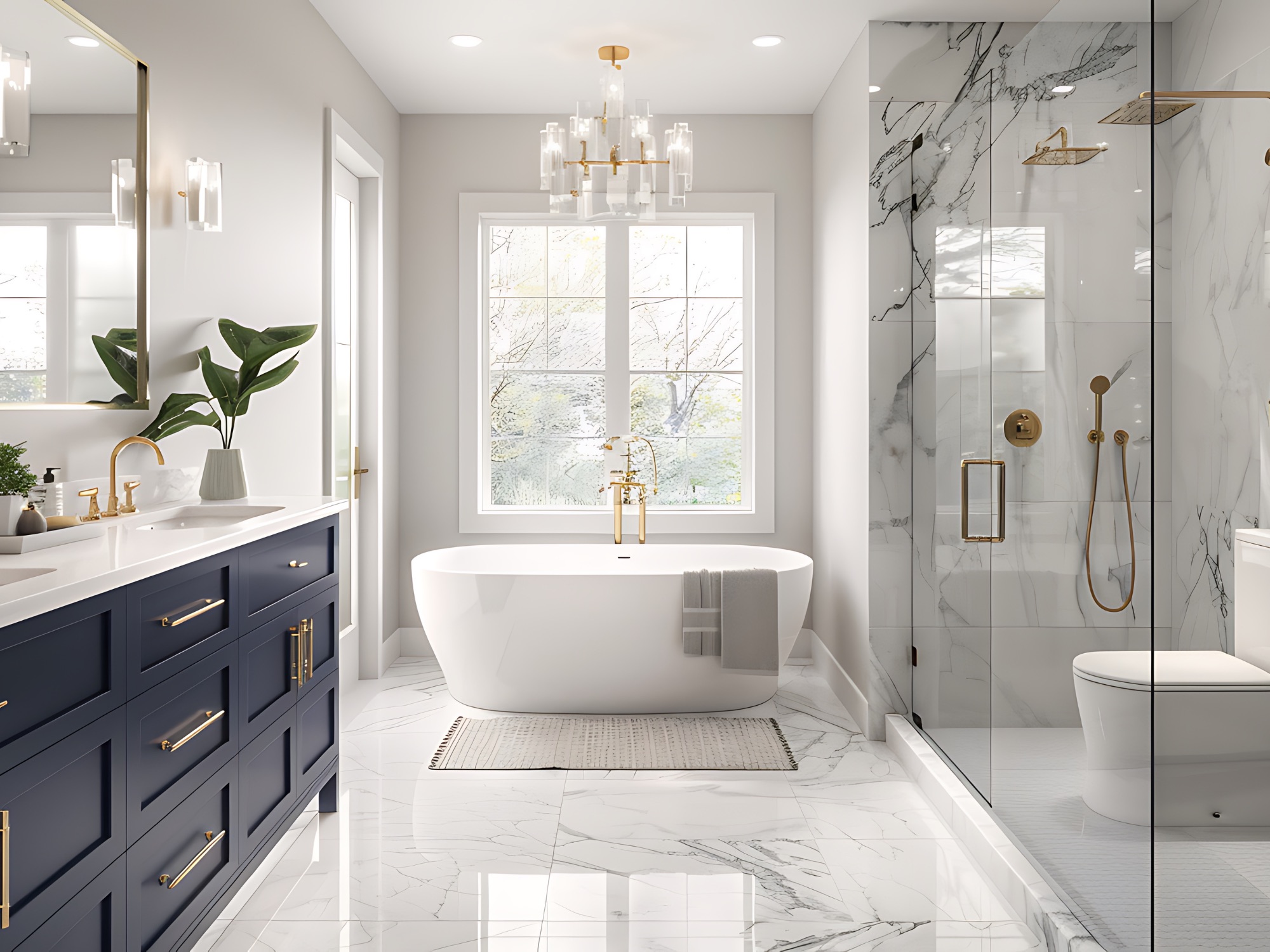 Luxurious Bay Area bathroom remodel featuring a freestanding bathtub, navy double vanity with gold fixtures, and a marble-tiled shower, showcasing Bayside Builders Group's expertise in elegant home renovations.