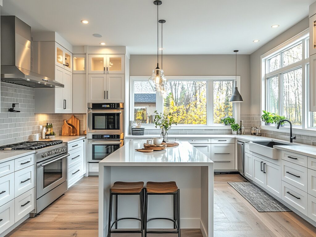 Modern kitchen featuring sleek white cabinetry and stainless steel appliances, showcasing Bayside Builders Group's expertise in stylish kitchen renovations in the Bay Area.