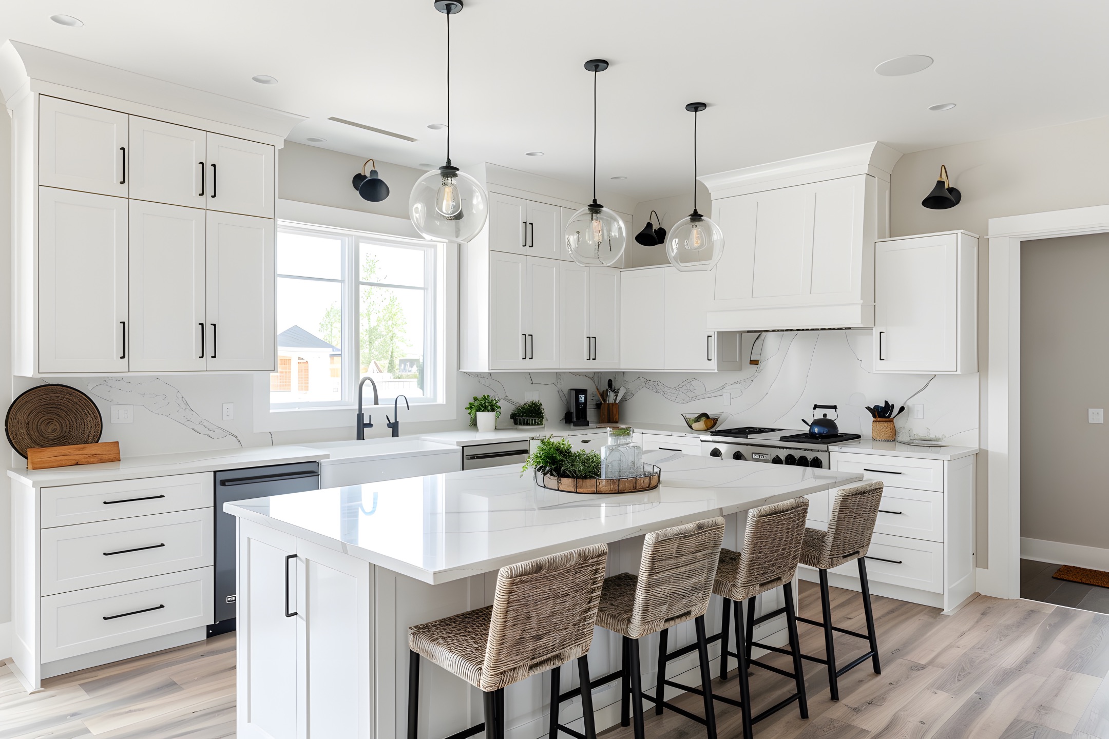 A beautifully remodeled kitchen with sleek white cabinets, a spacious island with seating, and modern lighting, exemplifying Bayside Builders Group's expertise in Bay Area kitchen renovations.