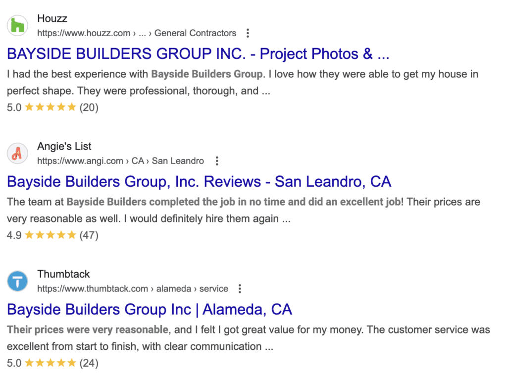 Screenshots of online reviews showcase Bayside Builders Group's high ratings and positive feedback, emphasizing their excellence in Bay Area home renovation and construction services.