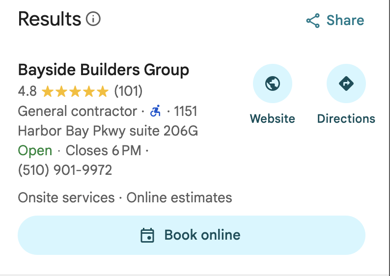 Screenshot of Bayside Builders Group's Google listing with a 4.8-star rating, emphasizing their expertise in Bay Area home remodeling and construction services.