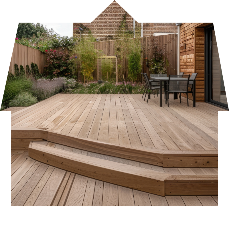 A beautifully crafted wooden deck in a Bay Area backyard, highlighted by expertly designed steps, showcasing Bayside Builders Group's expertise in custom home improvement and outdoor living enhancements.